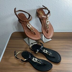 GBG Los Angeles Brown and Black T-Strap Sandals with Gold Accent